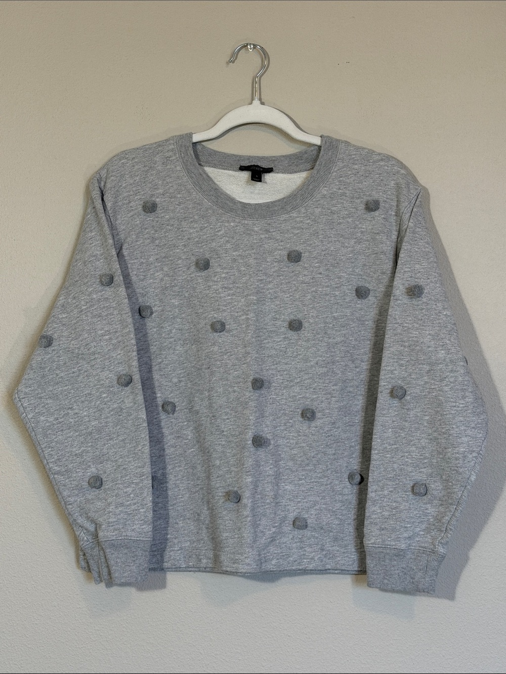 J. Crew Light Grey Crewneck Sweater with Pom-Dot Detail